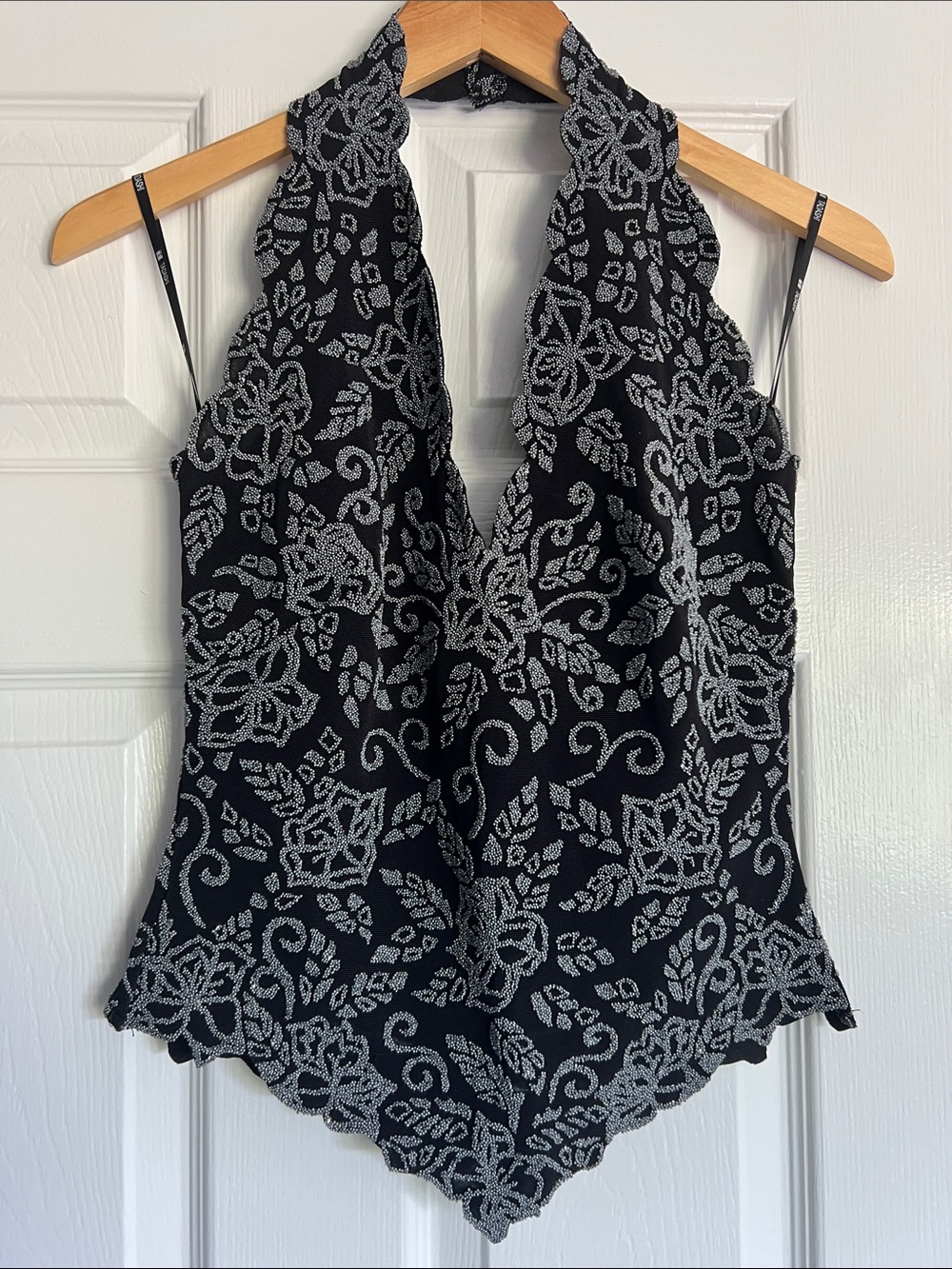 Tadashi Black Halter with Silver Floral Embroidery
